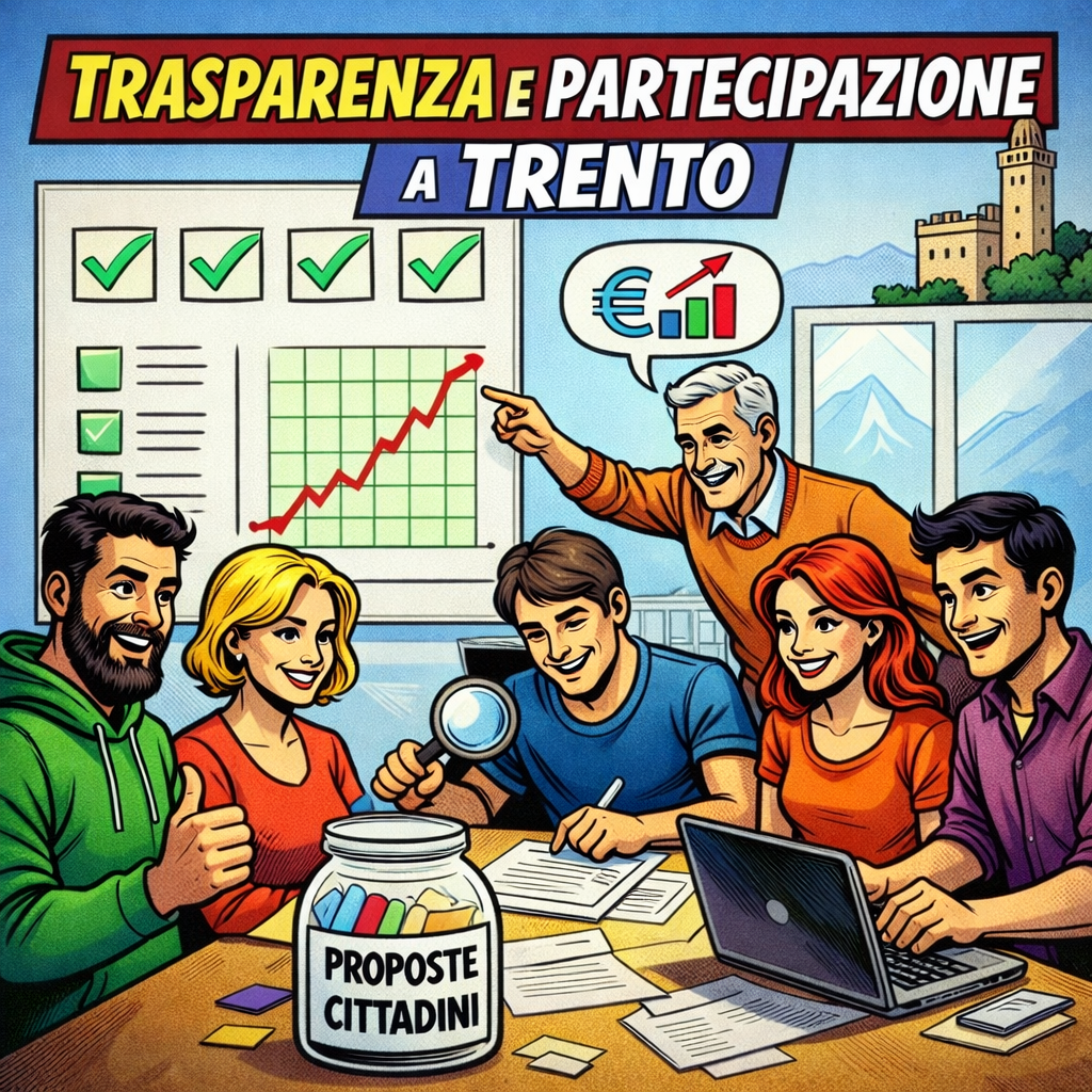 Group of people discussing citizen proposals with charts and data in Trento