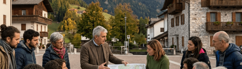 People gathered outdoors in a mountain village discussing maps and models for future projects