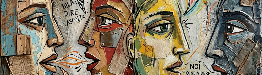 Four abstract human faces with speech bubbles containing Italian words about speaking and listening