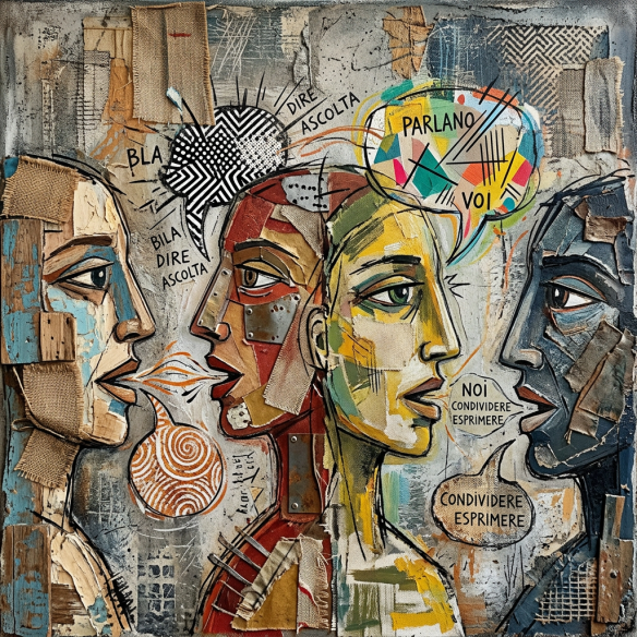 Four abstract human faces with speech bubbles containing Italian words about speaking and listening